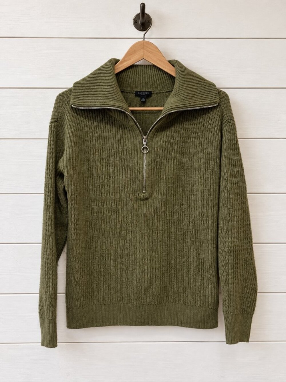 Talbots Petite Women's Olive Green Ribbed Knit Quarter Zip Sweater Small SP